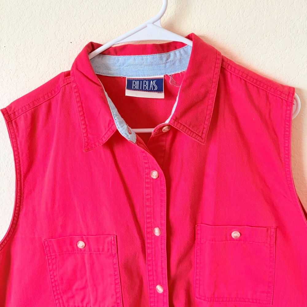 Vintage 90s Bill Blass Jeans Red Denim Sleeveless Button Down Shirt Vest XL - Picture 2 of 8